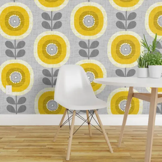Peel & Stick Wallpaper 2FT Wide Mid Century Floral Scandi Style Faux Woven Texture Gray Yellow Sunflowers Custom Removable Wallpaper by Spoonflower {1}