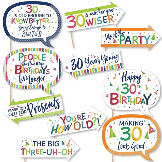 Big Dot of Happiness Funny 30th Birthday - Cheerful Happy Birthday - Colorful Thirtieth Birthday Party Photo Booth Props Kit - 10 Piece {1}