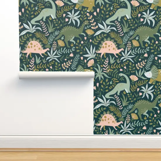 Peel & Stick Wallpaper 2FT Wide Botanical Dinosaurs Green Pink Animals Jurassic Kids Children Prehistoric Custom Removable Wallpaper by Spoonflower {2}