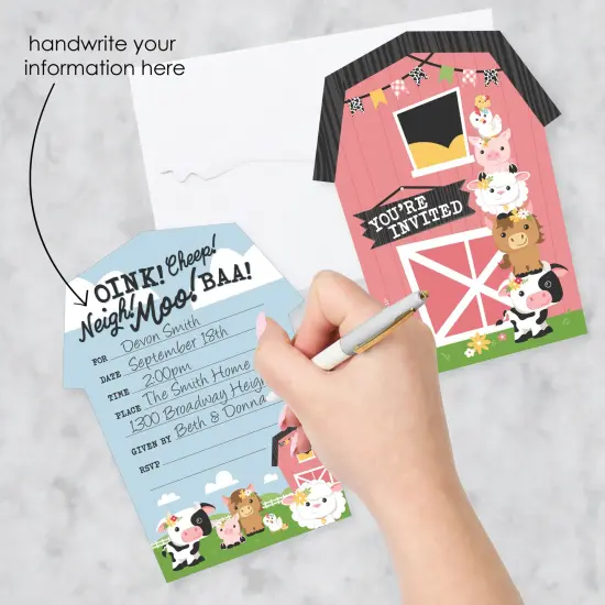 Big Dot of Happiness Girl Farm Animals - Shaped Fill-In Invitations Pink Barnyard Baby Shower or Birthday Party Invitation Cards with Envelopes 12 Ct {3}