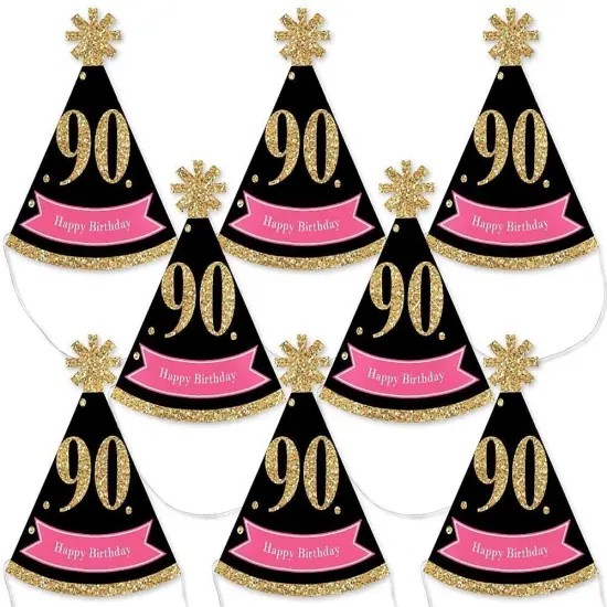 Big Dot of Happiness Chic 90th Birthday - Pink, Black and Gold - Mini Cone Birthday Party Hats - Small Little Party Hats - Set of 8 {1}
