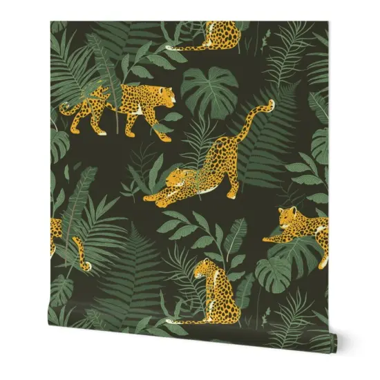 Peel & Stick Wallpaper 2FT Wide Modern Jungle Leopard Print Tropical Safari Banana Leaves Palm Fronds Custom Removable Wallpaper by Spoonflower {4}