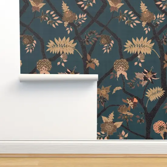 Pre-Pasted Wallpaper 2FT Wide Teal Peony Branch Bro Floral Large Scale Chinoiserie Botanical Woodland Forest Tree Foliage Custom Pre-pasted Wallpaper by Spoonflower {2}