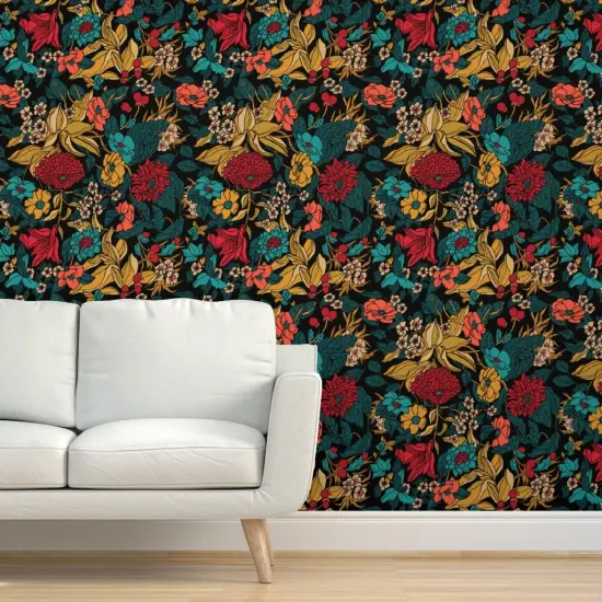 Peel & Stick Wallpaper 2FT Wide Botanical Autumn Fall Hand Drawn Vintage Floral Bright Vibrant Maximalist Custom Removable Wallpaper by Spoonflower {5}