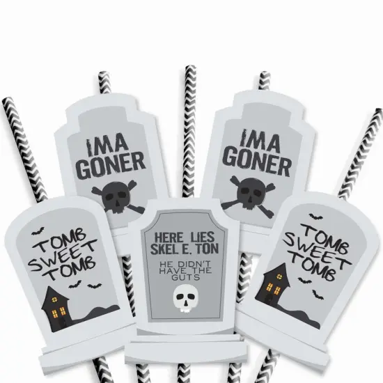 Big Dot of Happiness Graveyard Tombstones - Paper Straw Decor - Halloween Party Striped Decorative Straws - Set of 24 {6}
