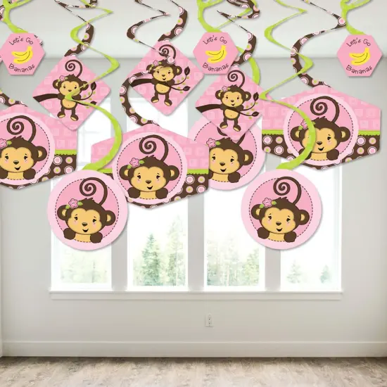 Big Dot of Happiness Pink Monkey Girl - Baby Shower or Birthday Party Hanging Decor - Party Decoration Swirls - Set of 40 {4}