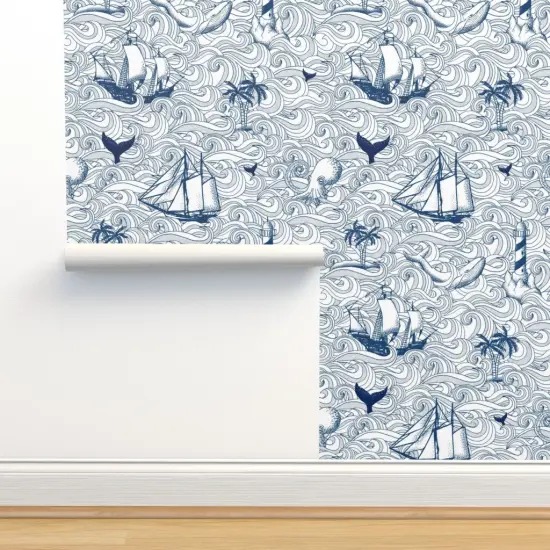 Peel & Stick Wallpaper 2FT Wide Blue White Sailboats Sailing Ships Nautical Vintage Inspired Ocean Custom Removable Wallpaper by Spoonflower {2}