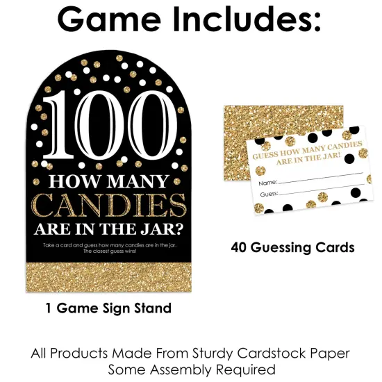 Big Dot of Happiness Adult 100th Birthday - Gold - How Many Candies Birthday Party Game - 1 Stand and 40 Cards - Candy Guessing Game {4}