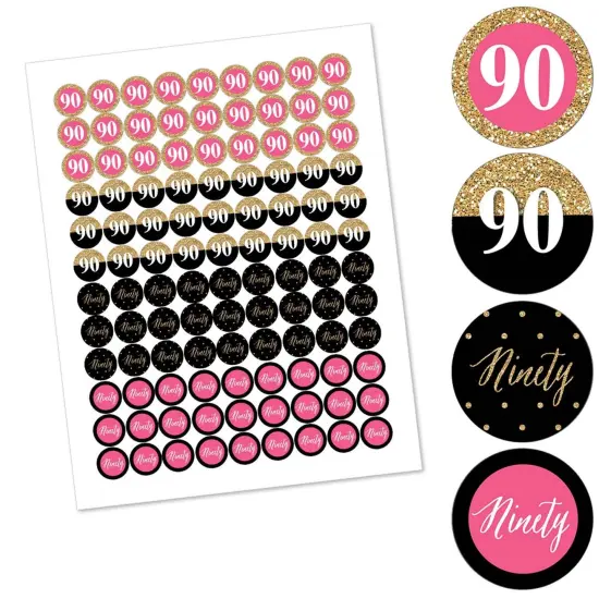 Big Dot of Happiness Chic 90th Birthday - Pink, Black and Gold - Round Candy Sticker Favors - Labels Fits Chocolate Candy (1 sheet of 108) {3}