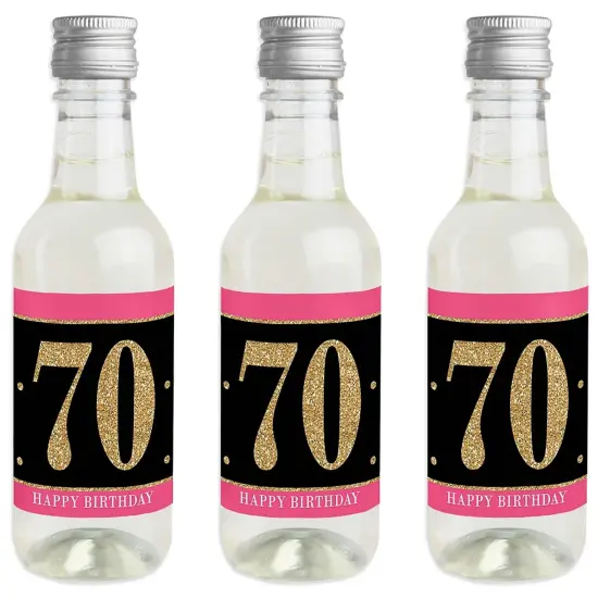 Big Dot of Happiness Chic 70th Birthday - Pink, Black and Gold - Mini Wine and Champagne Bottle Label Stickers - Birthday Party Favor Gift - Set of 16 {1}