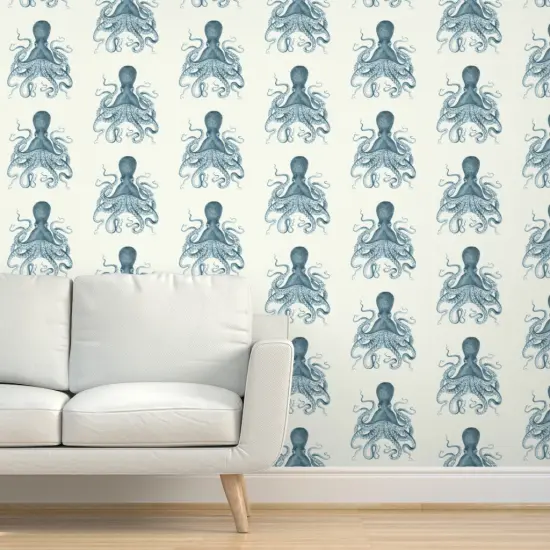 Peel & Stick Wallpaper 2FT Wide Octopus Sea Illustration Vintage Squid Nautical Coastal Ocean Beach Custom Removable Wallpaper by Spoonflower {5}
