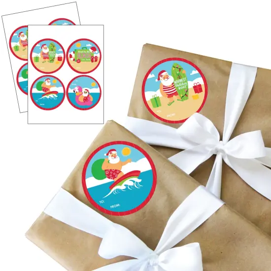 Big Dot of Happiness Tropical Christmas - Round Beach Santa Holiday Party To and From Gift Tags - Large Stickers - Set of 8 {1}