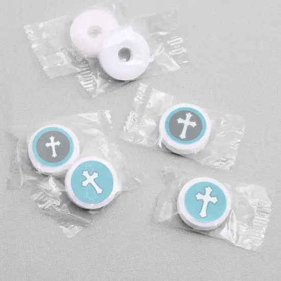 Big Dot of Happiness Little Miracle Boy Blue Cross - Baptism or Baby Shower Round Candy Sticker Favors - Labels Fits Chocolate Candy (1 sheet of 108) {4}