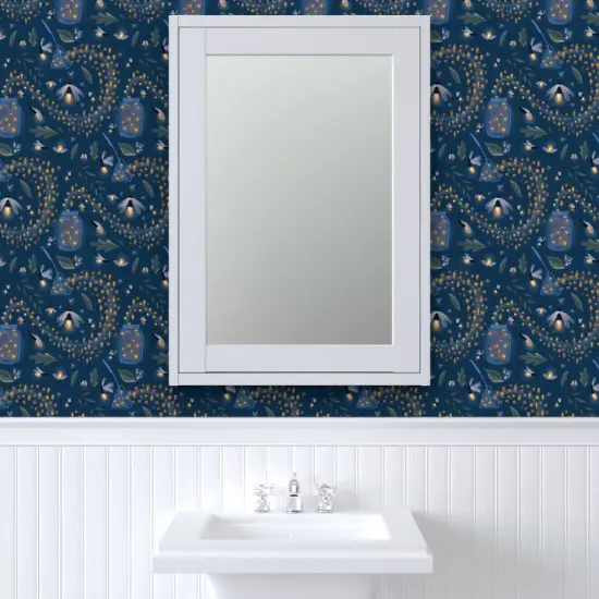 Pre-Pasted Wallpaper 2FT Wide Fireflies Picnic Boys Room Jar Whimsical Watercolor Insects Custom Pre-pasted Wallpaper by Spoonflower {6}