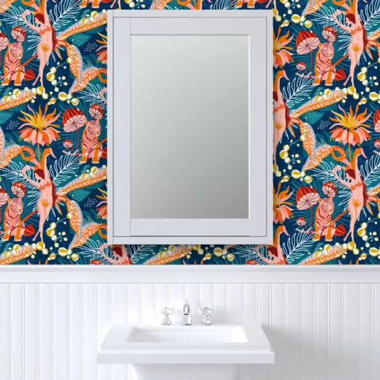 Pre-Pasted Wallpaper 2FT Wide Maximalist Tropical Surrealism Jungle Flowers Woman Dancer Coral Tiger Custom Pre-pasted Wallpaper by Spoonflower {6}