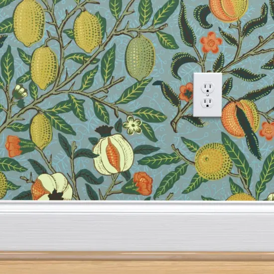 Pre-Pasted Wallpaper 2FT Wide Victorian Fruit Antique Trees Oranges Pomegranate Morris Inspired Custom Pre-pasted Wallpaper by Spoonflower {4}