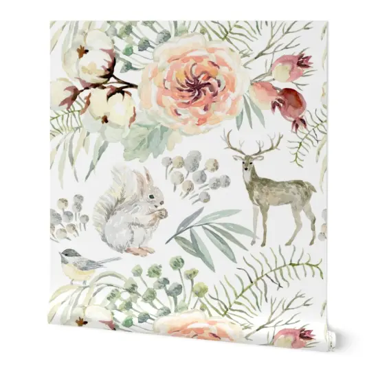 Peel & Stick Wallpaper 2FT Wide Winter Woodland White Floral Elegant Deer Forest Rabbit Snow Custom Removable Wallpaper by Spoonflower {7}