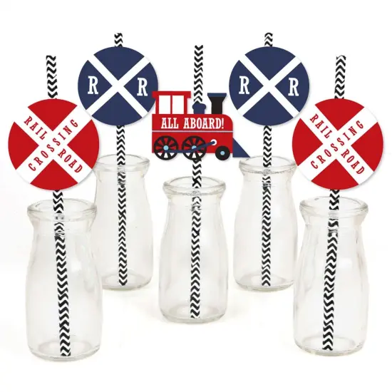 Big Dot of Happiness Railroad Party Crossing - Paper Straw Decor - Steam Train Birthday Party or Baby Shower Striped Decorative Straws - Set of 24 {1}