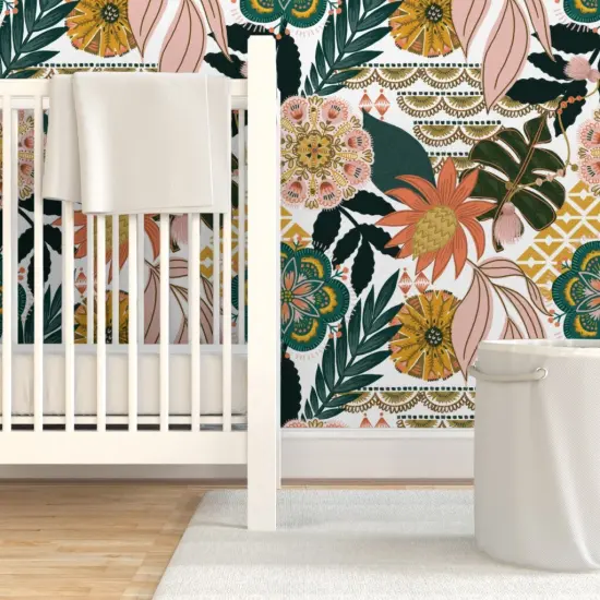 Pre-Pasted Wallpaper 2FT Wide Boho Botanical Maximalist Monstera Palms Floral Jungle Custom Pre-pasted Wallpaper by Spoonflower {7}