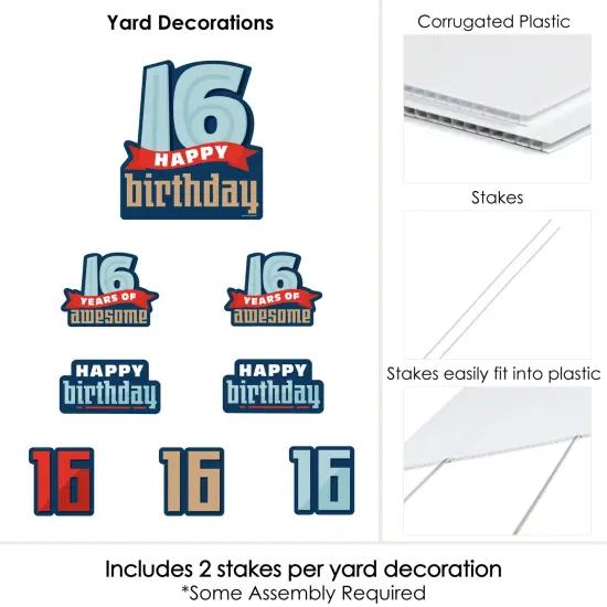Big Dot of Happiness Boy 16th Birthday - Yard Sign and Outdoor Lawn Decorations - Sweet Sixteen Birthday Party Yard Signs - Set of 8 {6}