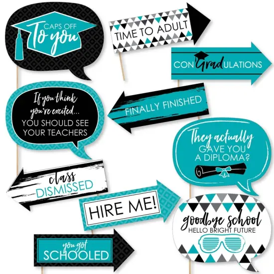 Big Dot of Happiness Funny Teal Graduation Party Photo Booth Props Kit - 10 Piece {1}