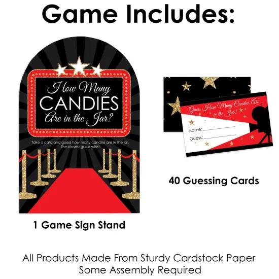 Big Dot of Happiness Red Carpet - How Many Candies Movie Night Party Game - 1 Stand and 40 Cards - Candy Guessing Game {4}