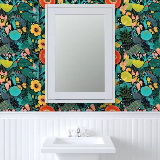 Peel & Stick Wallpaper 2FT Wide Mod Peacock Colorful Nature Floral Exotic Animal Boho Forest Modern Bird Custom Removable Wallpaper by Spoonflower {6}