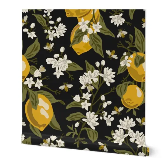 Peel & Stick Wallpaper 2FT Wide Bees Lemons Black Large Modern Citrus Traditional Custom Removable Wallpaper by Spoonflower {7}