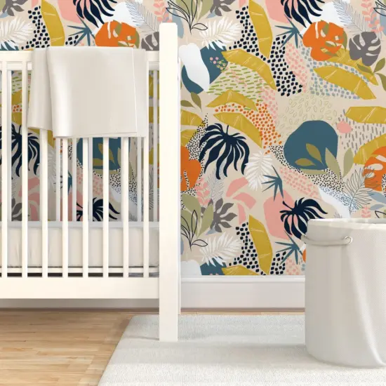 Pre-Pasted Wallpaper 2FT Wide Abstract Jungle Retro Boho Bohemian Palm Leaves Tropical Monstera Custom Pre-pasted Wallpaper by Spoonflower {7}