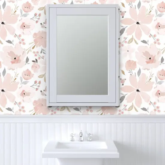 Pre-Pasted Wallpaper 2FT Wide Pastel Floral Blush Pink Peach Flowers Jumbo Scale Feminine Watercolor Custom Pre-pasted Wallpaper by Spoonflower {6}