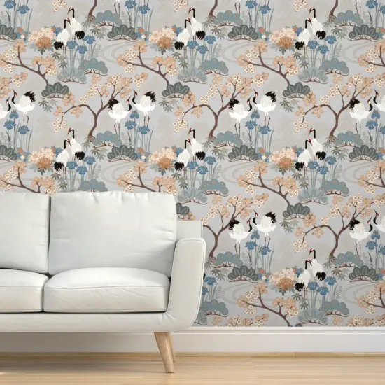 Pre-Pasted Wallpaper 2FT Wide Large Scale Japanese Garden Grey Asian Floral Birds Animals Custom Pre-pasted Wallpaper by Spoonflower {5}