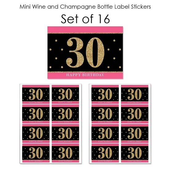 Big Dot of Happiness Chic 30th Birthday - Pink, Black and Gold - Mini Wine and Champagne Bottle Label Stickers - Birthday Party Favor Gift - Set of 16 {7}