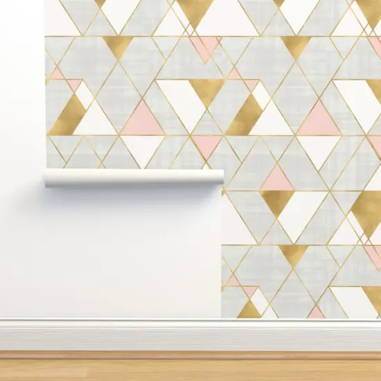 Pre-Pasted Wallpaper 2FT Wide Mod, Triangle, Geometric, Gold, Blush, Pink, Neutral, Modern Custom Pre-pasted Wallpaper by Spoonflower {2}