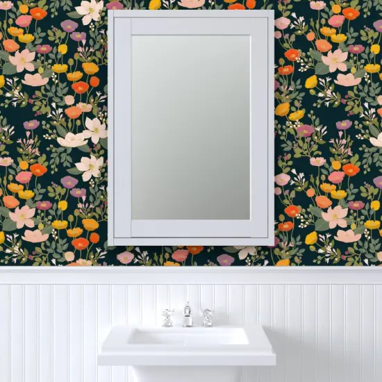 Pre-Pasted Wallpaper 2FT Wide Maximalist Floral Colourful Poppies Romantic Garden Poppy Botanical Chinoiserie Custom Pre-pasted Wallpaper by Spoonflower {6}