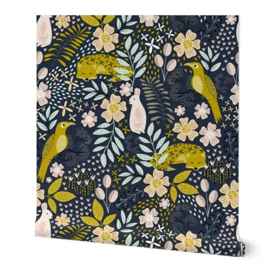 Peel & Stick Wallpaper 2FT Wide Nature Animals Botanical Foliage Floral Rabbit Fox Dark Background Custom Removable Wallpaper by Spoonflower {7}