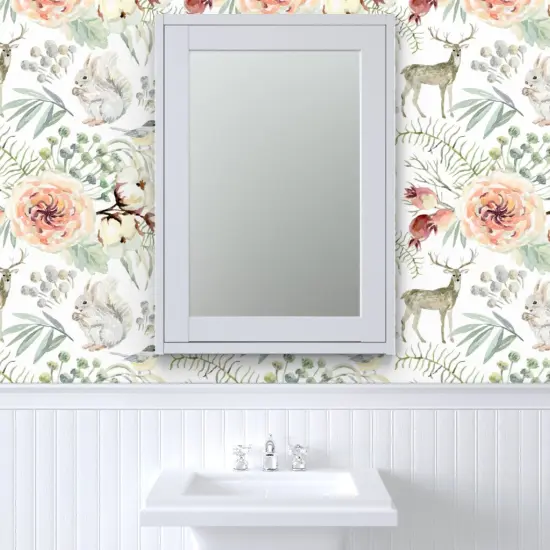 Pre-Pasted Wallpaper 2FT Wide Winter Woodland White Floral Elegant Deer Forest Rabbit Snow Custom Pre-pasted Wallpaper by Spoonflower {6}