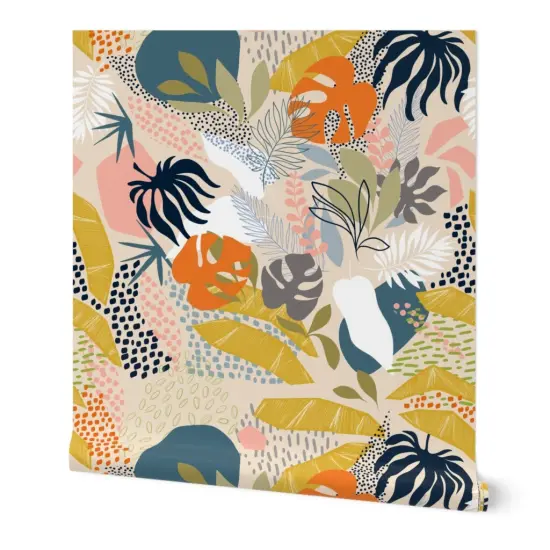 Peel & Stick Wallpaper 2FT Wide Abstract Jungle Retro Boho Bohemian Palm Leaves Tropical Monstera Custom Removable Wallpaper by Spoonflower {7}