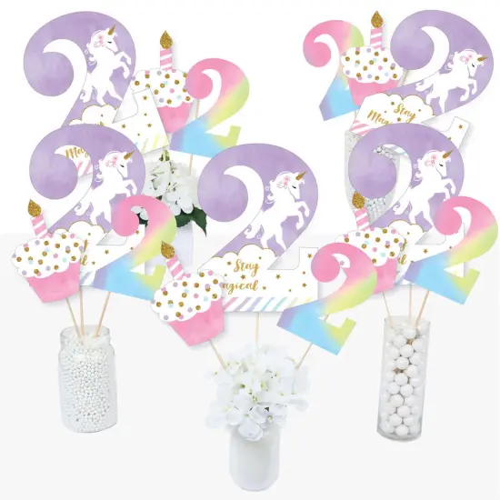 Big Dot of Happiness 2nd Birthday Rainbow Unicorn - Magical Unicorn Second Birthday Party Centerpiece Sticks - Table Toppers - Set of 15 {3}