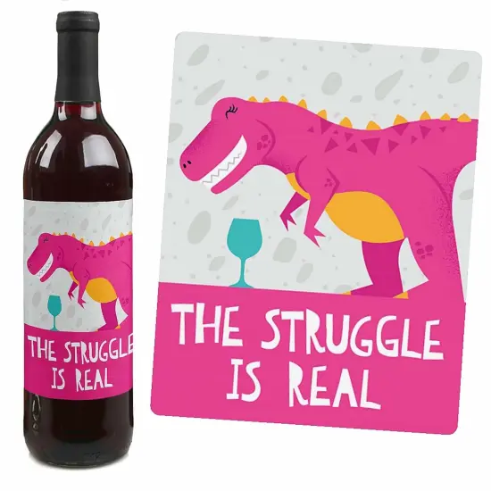 Big Dot of Happiness Roar Dinosaur Girl - Dino Mite T-Rex Party Decorations for Women and Men - Wine Bottle Label Stickers - Set of 4 {4}