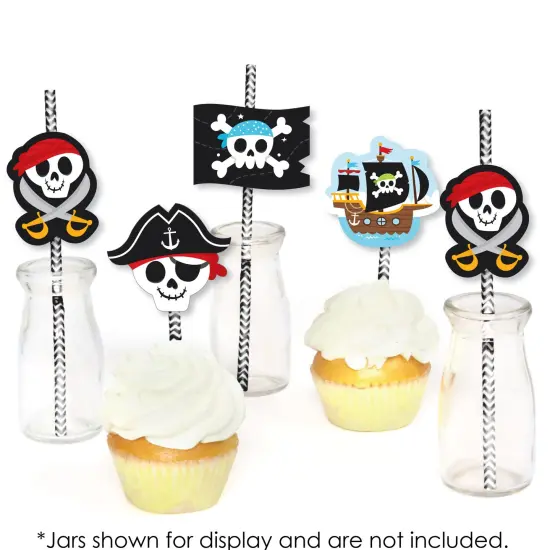 Big Dot of Happiness Pirate Ship Adventures - Paper Straw Decor - Skull Birthday Party Striped Decorative Straws - Set of 24 {6}
