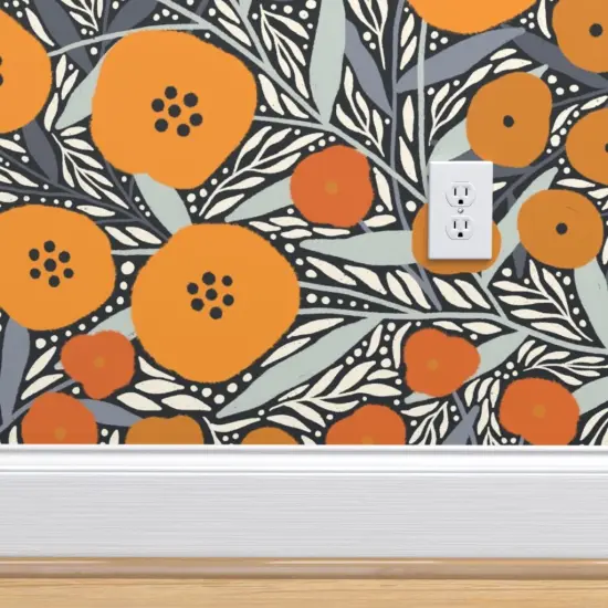 Pre-Pasted Wallpaper 2FT Wide Modern Flowers Nature Botanical Floral Orange Gray Black Mod Custom Pre-pasted Wallpaper by Spoonflower {4}
