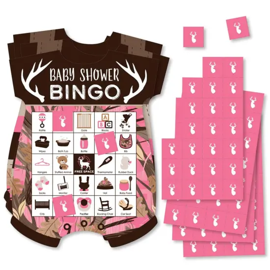 Big Dot of Happiness Pink Gone Hunting - Picture Bingo Cards and Markers - Deer Hunting Girl Camo Baby Shower Shaped Bingo Game - Set of 18 {1}