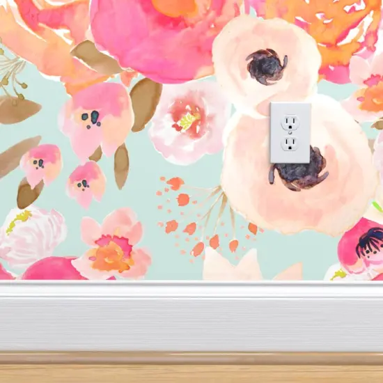 Peel & Stick Wallpaper 2FT Wide Bloom Blush Florals Blue Flower Floral Spring Nursery Easter Summer Shabby Chic Decor Custom Removable Wallpaper by Spoonflower {4}