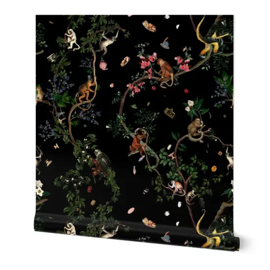 Peel & Stick Wallpaper 2FT Wide Exotic Monkey Jungle Forest Chinoiserie Black Green Floral Botanical Tropical Custom Removable Wallpaper by Spoonflower {7}