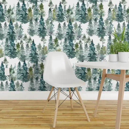 Pre-Pasted Wallpaper 2FT Wide Woodland Pine Trees White Winter Christmas Snowy Watercolor Green Holiday Forest Custom Pre-pasted Wallpaper by Spoonflower {1}