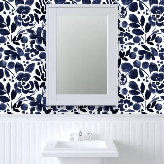 Pre-Pasted Wallpaper 2FT Wide Navy Blue White Floral Dark Indigo Watercolor Romantic Flowers Custom Pre-pasted Wallpaper by Spoonflower {6}
