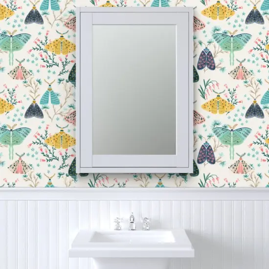 Peel & Stick Wallpaper 2FT Wide Hand Painted Moths Gouache Butterflies Blush Pink Blue Navy Yellow Insect Wings Garden Flowers Pastel Custom Removable Wallpaper by Spoonflower {6}