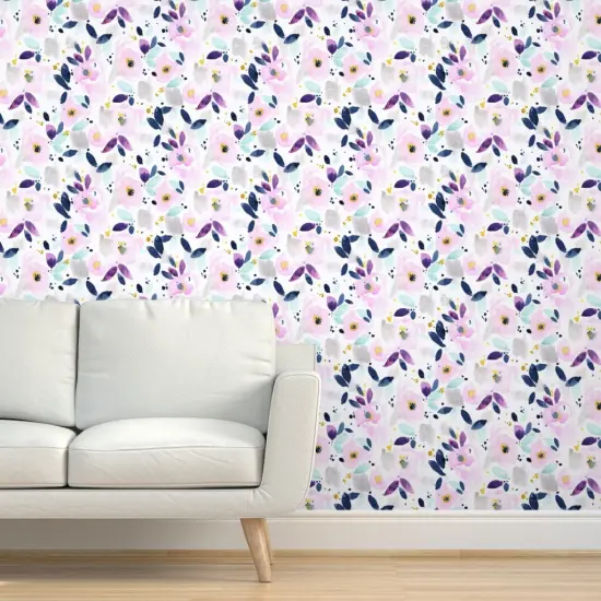 Peel & Stick Wallpaper 2FT Wide Mystical Floral Flowers Purple Abstract Lavender Watercolor Custom Removable Wallpaper by Spoonflower {5}