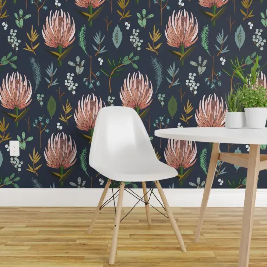 Peel & Stick Wallpaper 2FT Wide Natural Botanical Blush Pink Floral Study Dark Blue Flower Nature Leaf Custom Removable Wallpaper by Spoonflower {1}