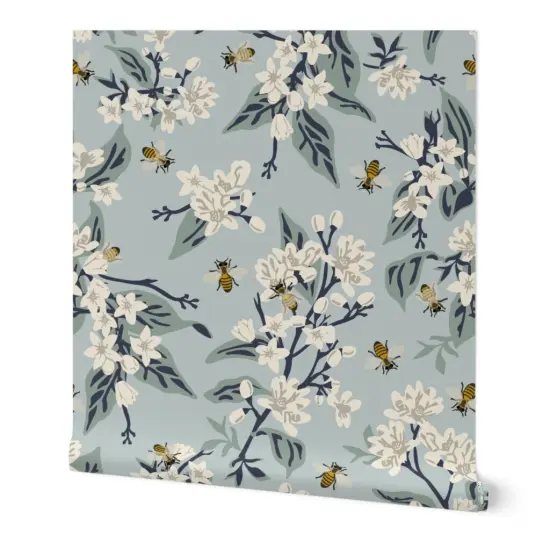 Peel & Stick Wallpaper 2FT Wide Vintage Inspired Modern Farmhouse Painted Honeybee White Floral Botanical Pastel Blue Custom Removable Wallpaper by Spoonflower {7}